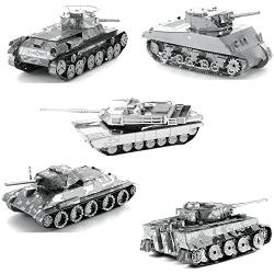 fascinations Metal Earth Tanks 3D Metal Model Kits - M1 Abrams - Tiger 1 - T-34 - Chi-Ha - Sherman - Set of 5