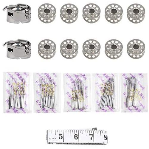 2pcs Stainless Steel Sewing Machine Bobbin Case, 10pcs Metal Sewing Machine Bobbins 50 pcs Sewing Machine Needles and Tape Measure for Front Loading Class 15 Machines Embroider