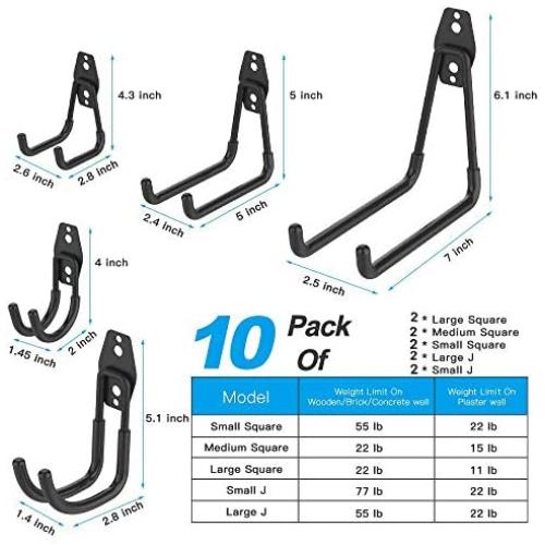 Garage Hooks, 12 Pack Wall Storage Hooks with 2 Extension Cord Storage Straps, Heavy Duty Tool Hangers for Utility Organizations, Wall Mount Holders for Garden Lawn Tools, Ladders, Bike (Black)
