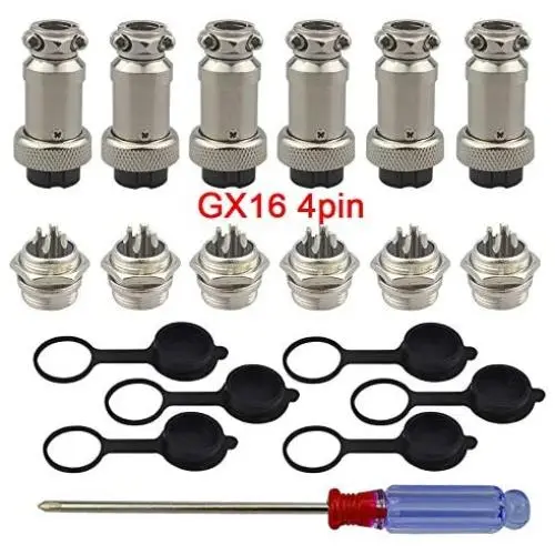 FULARR 6Pcs Premium GX16-4 Pin Aviation Connector Plug Adapter, 5A 16MM Thread Male Female Metal Panel Aviation Wire Connector Kit, with Rubber Protector Cap and Phillips Screwdriver FULARR 6Pcs Premium GX16-4 Pin Aviation Connector Plug Adapter, 5A 16MM Thread Male Female Metal Panel Aviation Wire Connector Kit, with Rubber Protector Cap and Phillips Screwdriver