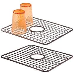 mDesign Modern Kitchen Sink Metal Dish Drying Rack/Mat with Center Drain Hole - Steel Wire Grid Design - Allows Wine Glasses, Mugs, Bowls and Dishes to Drain in Sink - 2 Pack - Bronze