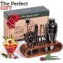 Mixology Bartender Kit: 10-Piece Bar Set Cocktail Shaker Set with Stylish Mahogany Stand | Perfect Home Bartending Kit with Bar Tools and Martini Shaker for Foolproof Drink Mixing (Gun-Metal Black)