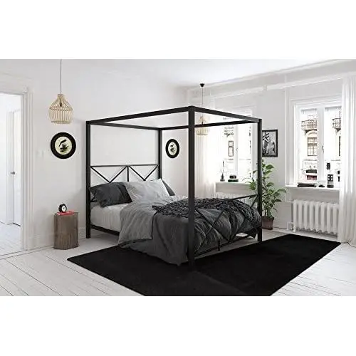 DHP Rosedale Metal 4 Poster Canopy Bed with Crisscross Headboard and Footboard - Queen (Black) DHP Rosedale Metal 4 Poster Canopy Bed with Crisscross Headboard and Footboard - Queen (Black)