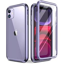 SURITCH Clear Case for iPhone 11, [Built in Screen Protector][9H Tempered Glass Back][Metallic Electroplated Edges] Shockproof Hard Full Body Protection Silicone Bumper Case for iPhone 11 6.1''(Purple)