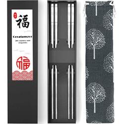 Metal Chopsticks 304 Stainless Steel Chopsticks Reusable Dishwasher Safe Square Japanese Chinese Korean Chop sticks for Cooking Eating with Travel Carrying Cotton Bag Gift Set, 9 1/2 Inches (2 Pairs)