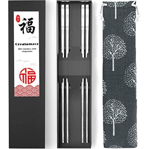 Metal Chopsticks 304 Stainless Steel Chopsticks Reusable Dishwasher Safe Square Japanese Chinese Korean Chop sticks for Cooking Eating with Travel Carrying Cotton Bag Gift Set, 9 1/2 Inches (2 Pairs)