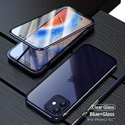 HENGHUI Case Compatible with iPhone 12 Pro Case iPhone 12 Clear Glass Magnetic Case ，Aluminum Metal Bumper Full-Body Protecive Cover Built-in Screen Protector (Blue)