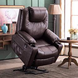 Mcombo Electric Power Lift Recliner Chair Sofa with Massage and Heat for Elderly, 3 Positions, 2 Side Pockets and Cup Holders, USB Ports, Faux Leather 7040 (Medium, Dark Brown)