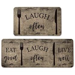 Artoid Mode Eat Good Laugh Often Live Well Decorative Kitchen Mats Set of 2, Seasonal Fork and Knife Holiday Party Low-Profile Floor Mat for Home Kitchen - 17x29 and 17x47 Inch