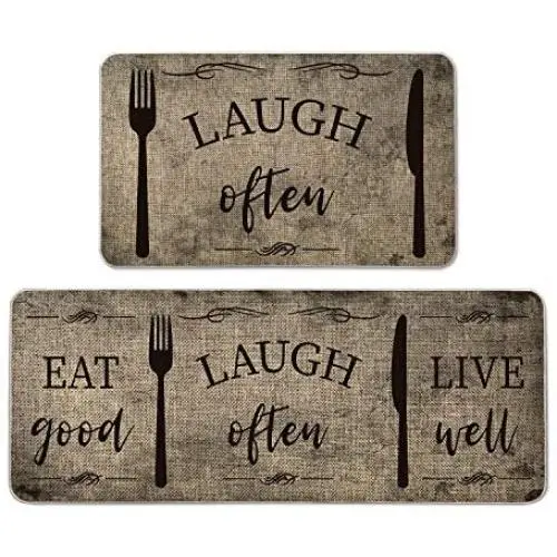 Artoid Mode Eat Good Laugh Often Live Well Decorative Kitchen Mats Set of 2, Seasonal Fork and Knife Holiday Party Low-Profile Floor Mat for Home Kitchen - 17x29 and 17x47 Inch