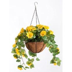 OakRidge Miles Kimball Fully Assembled Artificial Petunia Flower Hanging Basket, 10” Diameter and 18” Chain – Polyester/Plastic Flowers in Metal and Coco Fiber Liner Basket for Indoor/Outdoor Use