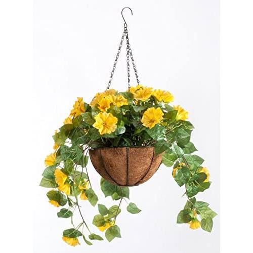 OakRidge Miles Kimball Fully Assembled Artificial Petunia Flower Hanging Basket, 10” Diameter and 18” Chain – Polyester/Plastic Flowers in Metal and Coco Fiber Liner Basket for Indoor/Outdoor Use