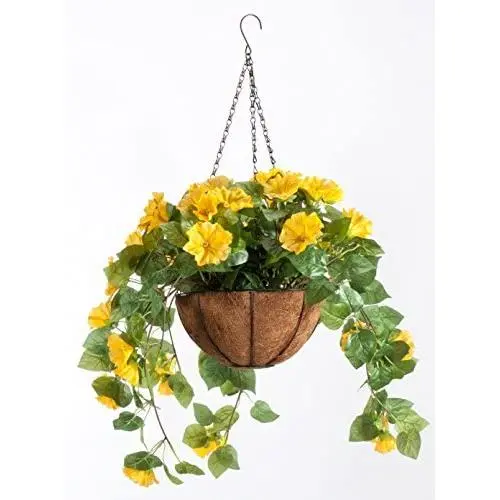 OakRidge Miles Kimball Fully Assembled Artificial Petunia Flower Hanging Basket, 10” Diameter and 18” Chain – Polyester/Plastic Flowers in Metal and Coco Fiber Liner Basket for Indoor/Outdoor Use