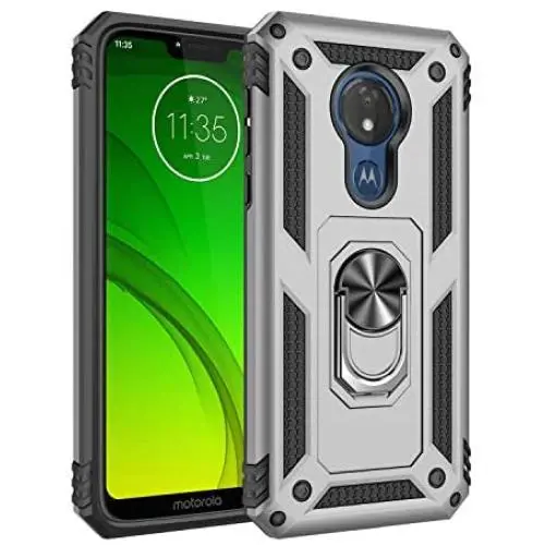 Rebex Compatible with Motorola G7 Power Case Cover,Moto G7 Supra Case,Tough Heavy Protective 360 Metal Rotating Ring Kickstand Holder Grip Magnetic Armor Heavy Duty Shockproof (Silver)