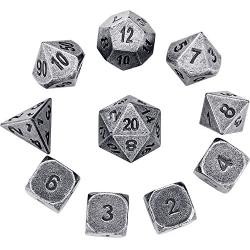 Hestya 10 Pieces Metal Dices Set DND Game Polyhedral Solid D&D Dice Set with Storage Bag and Zinc Alloy with Printed Numbers for Role Playing Game Dungeons and Dragons, Math Teaching (Silver Nickel)