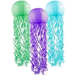 Jellyfish Paper Lanterns 3 Pack Purple Green and Blue Mermaid Under The Sea Ocean Birthday Party Decorations Supplies Easy Setup Room Décor