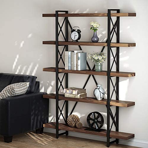 5 Tier Bookcase, LITTLE TREE Solid Wood 5-Shelf Industrial Style Bookcases and Book Shelves, Metal and Wood Free Vintage Bookshelf, Retro Brown