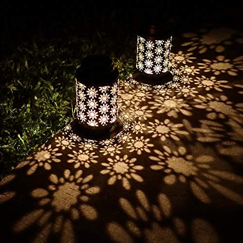 2 Pack Solar Lanterns Outdoor Hanging Retro Metal Landscape Lighting for Patio Yard Pathway Decorative, Crafted Garden Solar Lights Decor Indoor Long Lasting Performance Hollowed Out Pattern, Black