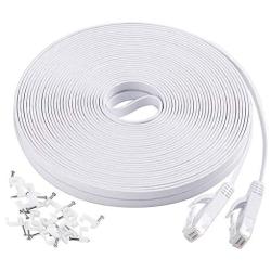 Cat6 Flat Ethernet Cable, 50 FT Computer LAN Internet Network Cable, Patch Cord with Clips with Snagless Rj45 Connectors for PS4, Xbox one, Switch, IP Cameras, Modem, Printers, Router -White