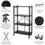 Foldable Shelving Unit Storage Rack on Wheels Large Capacity, Heavy Duty Steel 4-Shelf Organizer with Hooks, Black