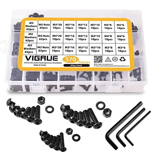 VIGRUE M3 M4 M5 Alloy Steel Hex Socket Button Head Cap Nuts Flat Washers Kit Black Screw Assortment(570 PCS) VIGRUE M3 M4 M5 Alloy Steel Hex Socket Button Head Cap Nuts Flat Washers Kit Black Screw Assortment(570 PCS)