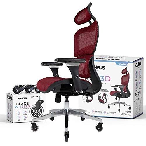 NOUHAUS Ergo3D Ergonomic Office Chair - Rolling Desk Chair with 4D Adjustable Armrest, 3D Lumbar Support and Blade Wheels - Mesh Computer Chair, Gaming Chairs, Executive Swivel Chair (Burgundy)