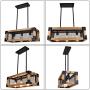 Lingkai Industrial Kitchen Island Light 3-Light Wood Chandelier Farmhouse Pendant Hanging Light Fixture Rectangle Wood Frame Metal Caged Ceiling Light
