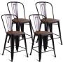 COSTWAY Tolix Style Dining Stools with Wood Seat and Backrest, Industrial Metal Counter Height Stool, Modern Kitchen Dining Bar Chairs Rustic, Copper