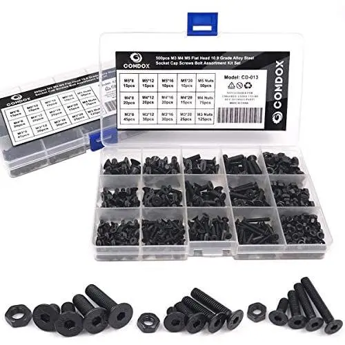 Comdox 500pcs Alloy Steel Socket Cap Screws Hex Head Bolt Nuts Assortment Kit with Box, M3 M4 M5 Thread Size, Black Oxide Finish (Flat Head) Comdox 500pcs Alloy Steel Socket Cap Screws Hex Head Bolt Nuts Assortment Kit with Box, M3 M4 M5 Thread Size, Black Oxide Finish (Flat Head)