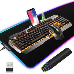 Gaming Keyboard and Mouse,3 in 1 Orange LED Backlit Rechargeable Wireless Keyboard Mouse with 3800mAh Battery Metal Panel,10 Color RGB Gaming Mouse Pad (32.5x12x0.15inch),7 Color Mute Gaming Mouse