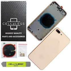 CELL4LESS Back Housing Assembly Metal Frame w/Back Glass - Wireless Charging pad - Sim Card Tray and Camera Frame and Lens for iPhone 8 Plus (Gold)