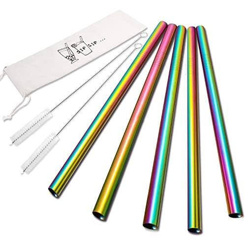 5 Pcs 10'' Reusable Smoothie Straws & Milkshake Straws - Rainbow Colors, 0.35'' Wide Stainless Steel Straws, Metal Straws for Smoothies, Milkshakes, Jumbo Drinks | 2 Cleanning Brushes & 1 Case