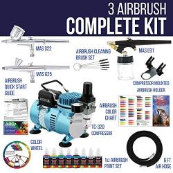 Master Airbrush Cool Runner II Dual Fan Air Compressor Professional Airbrushing System Kit with 3 Airbrushes, Gravity and Siphon Feed - 6 Primary Opaque Colors Acrylic Paint Artist Set - How to Guide