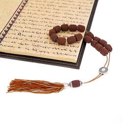 Brown Lava Stones (Long Beads), Handmade Greek Worry Beads or Komboloi with Alpaca Metal Parts on Pure Silk Cord & Tassel, Length 35cm (13.8)