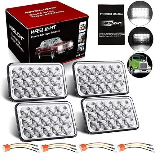 KASLIGHT 4pcs 4x6 Led Headlights w/ H4 Socket, 4651 Led Headlight Peterbilt Headlights Rectangular H4651 H4652 H4656 H4666 H6545 for Kenworth Freightinger Ford Probe Chevrolet Oldsmobile Cutlass