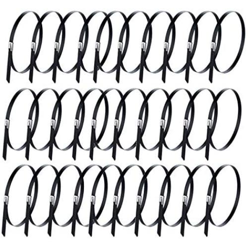OBTANIM 30 Pcs Metal Zip Ties, Heavy Duty Multi-Purpose 304 Stainless Steel Exhaust Wrap Strap Coated Self Locking Cable Zip Ties (7.9 Inch)