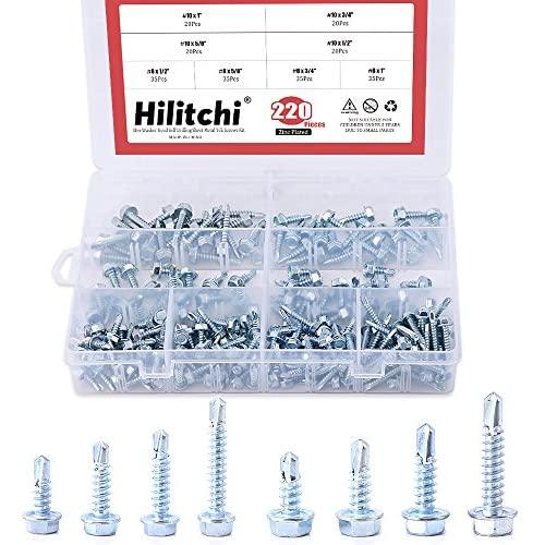 Hilitchi 220-Pieces Zinc Plated Hex Washer Head Self Drilling Sheet Metal Tek Screws Assortment Kit