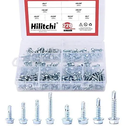 Hilitchi 220-Pieces Zinc Plated Hex Washer Head Self Drilling Sheet Metal Tek Screws Assortment Kit Hilitchi 220-Pieces Zinc Plated Hex Washer Head Self Drilling Sheet Metal Tek Screws Assortment Kit