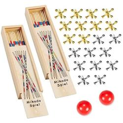 Jacks Game with Ball and Pick-Up Sticks Gift Set，with 20 Pieces Gold and Silver Metal Jacks， 2 Piece of Red Ball, 60 Piece Wooden Vintage Pickup Toys，Jax Game, Retro Game