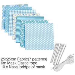 Cotton Craft Fabric Bundle Patchwork Squares Quilting Sewing DIY Face Cloth Mask Cover Scrapbooking Artcraft Different Pattern 7 Pieces/Pack w/10 x Face Cover Metal Wire/6M Mask Elastic Rope Blue