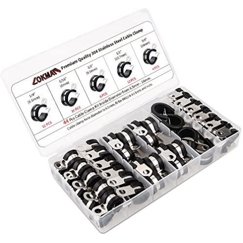 Cable Clamps Assortment Kit, LOKMAN 44 Pieces Stainless Steel Rubber Cushion Pipe Clamps Assorted in 5 Size 1/4 5/16 3/8 1/2 5/8, Come With Durable PP Storage Case with Chart