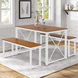 Sense FV Dining Table Set,3 Pieces Modern Kitchen Table Set with 2 Benches, Wood Tabletop with Metal Frame,White