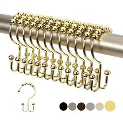 2lbDepot Double Shower Curtain Hooks Rings (Gold Decorative Finish) Premium Rust Resistant Stainless Steel Metal Hook, Brass Roller Balls Glide on Shower Rods, Set of 12