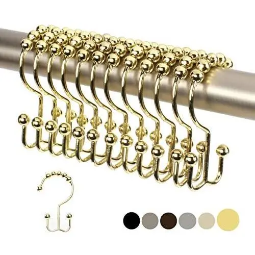 2lbDepot Double Shower Curtain Hooks Rings (Gold Decorative Finish) Premium Rust Resistant Stainless Steel Metal Hook, Brass Roller Balls Glide on Shower Rods, Set of 12 2lbDepot Double Shower Curtain Hooks Rings (Gold Decorative Finish) Premium Rust Resistant Stainless Steel Metal Hook, Brass Roller Balls Glide on Shower Rods, Set of 12