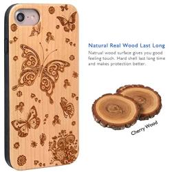 iProductsUS Wood Phone Case Compatible with iPhone SE (2020), iPhone 8, 7, 6/6S and Magnetic Mount, Engraved Butterflies and Flowers, Built-in Metal Plate, TPU Protective Cover (4.7 inch)