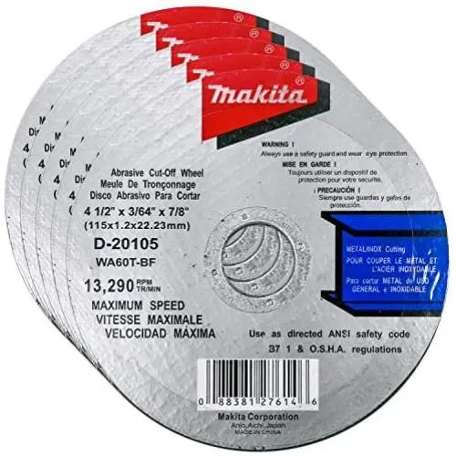 Makita 5 Pack - 4.5'' Cut Off Wheels For 4.5'' Grinders - Aggressive Cutting For Metal & Stainless Steel/INOX - 4-1/2'' x .045'' x 7/8-Inch Makita 5 Pack - 4.5'' Cut Off Wheels For 4.5'' Grinders - Aggressive Cutting For Metal & Stainless Steel/INOX - 4-1/2'' x .045'' x 7/8-Inch