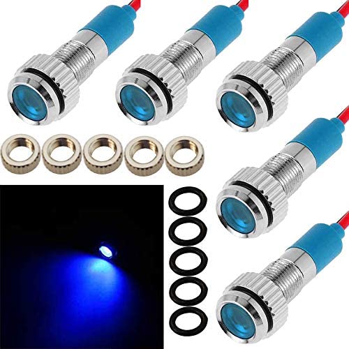 CESFONJER 5 pcs 6mm 1/4'' LED Metal Indicator Light 12V Waterproof Signal Lamp Pilot Dash Directional Car Truck Boat with Wire (Blue color)