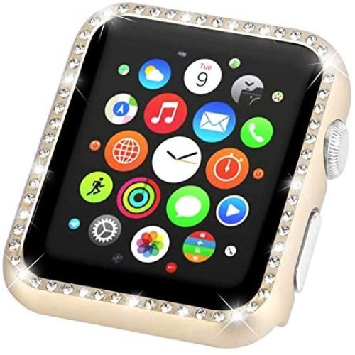 Leotop Compatible with Apple Watch Case 38mm, Metal Bumper Protective Cover Frame Accessories Women Girl Bling Shiny Crystal Rhinestone Diamond Compatible iWatch Series 3/2/1(Diamond Gold, 38mm)