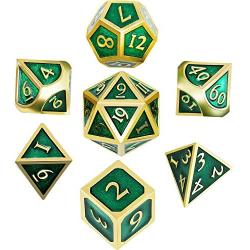 Hestya 7 Pieces Metal Dices Set DND Game Polyhedral Solid Metal D&D Dice Set with Storage Bag and Zinc Alloy with Enamel for Role Playing Game Dungeons and Dragons, Math Teaching (Gold Edge Green)