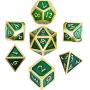Hestya 7 Pieces Metal Dices Set DND Game Polyhedral Solid Metal D&D Dice Set with Storage Bag and Zinc Alloy with Enamel for Role Playing Game Dungeons and Dragons, Math Teaching (Gold Edge Green)